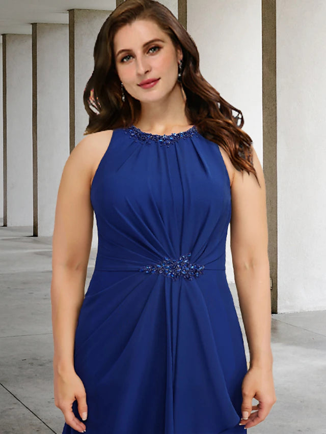 Zweiteiliges A-Linien-Kleid in Übergröße, geschwungen, elegantes Kleid für die Brautmutter, formelles, bodenlanges, ärmelloses Chiffon-Kleid mit Rundhalsausschnitt und Falten und Kristallen